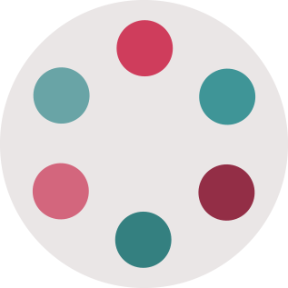 6 different colored pink and blue-green dots in a hexagon shape for THI logo