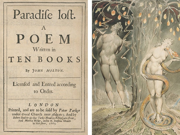 "Paradise Lost: A Poem Written in Ten Books by John Milton" book cover on left, image of naked Adam and Eve under a beautiful tree on right.