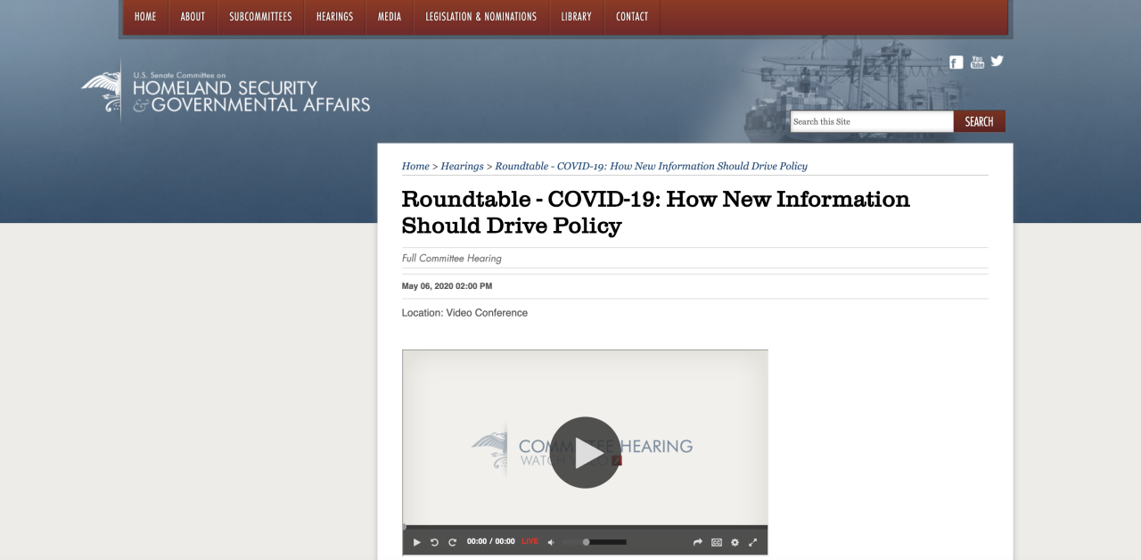 screenshot of the "US Senate Committee on Homeland Security and Governmental Affairs" website page with the announcement and link to the "Roundtable - COVID-19: How New Information Should Drive Policy" hearing video.