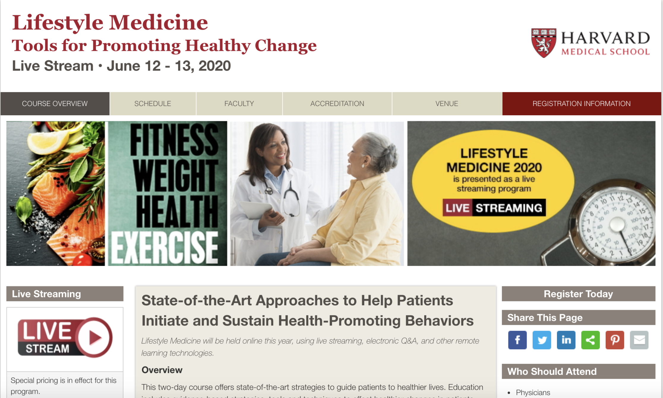 Screenshot of Harvard University's "Lifestyle Medicine" symposium website page.