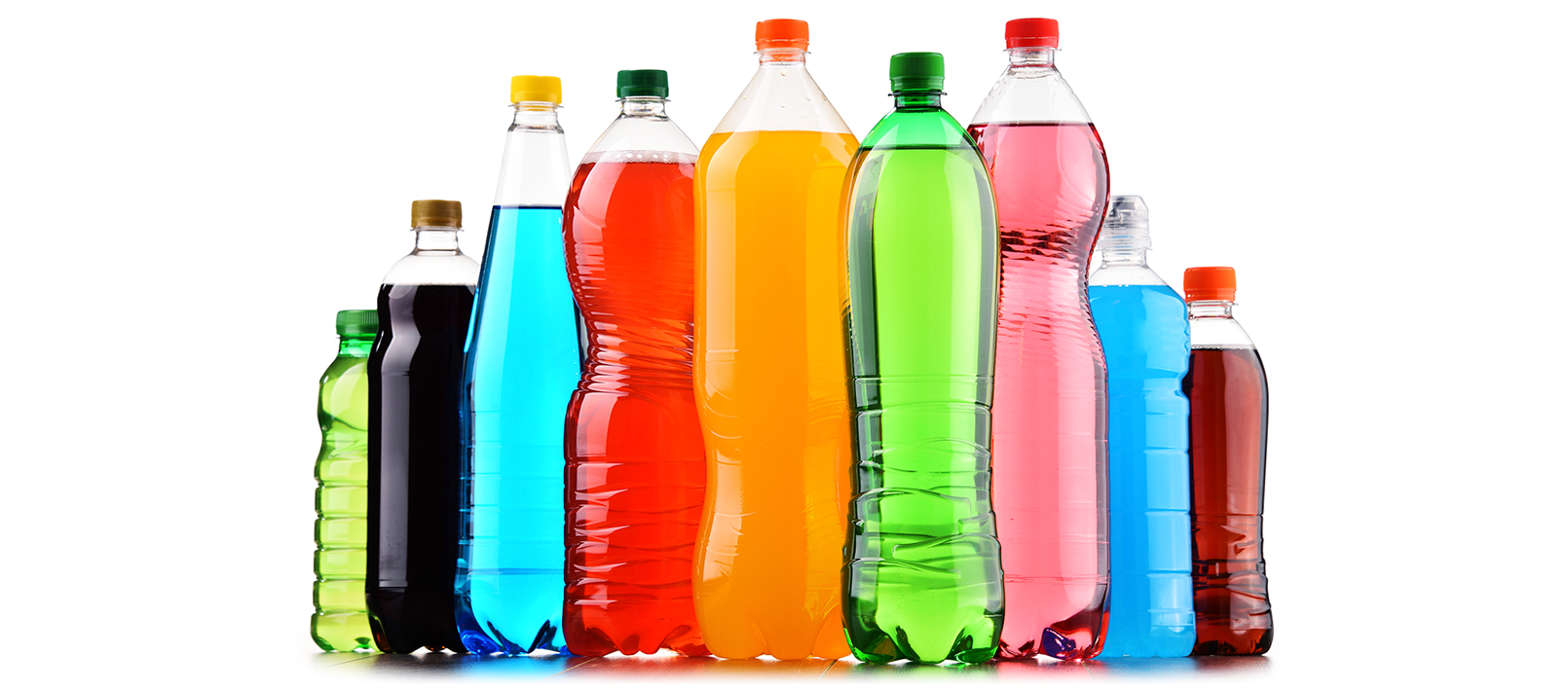 Generic bottles of different colored soft drinks with no labels on them, on a white background.