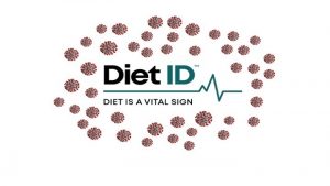 Diet ID, "Diet is a vital sign" logo encircled in a couple dozen red covid molecules