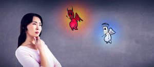 Japanese woman ponders two hovering cartoons: the red "devil" cartoon who doesn't wear a coronavirus mask and a white "angel" cartoon who does.