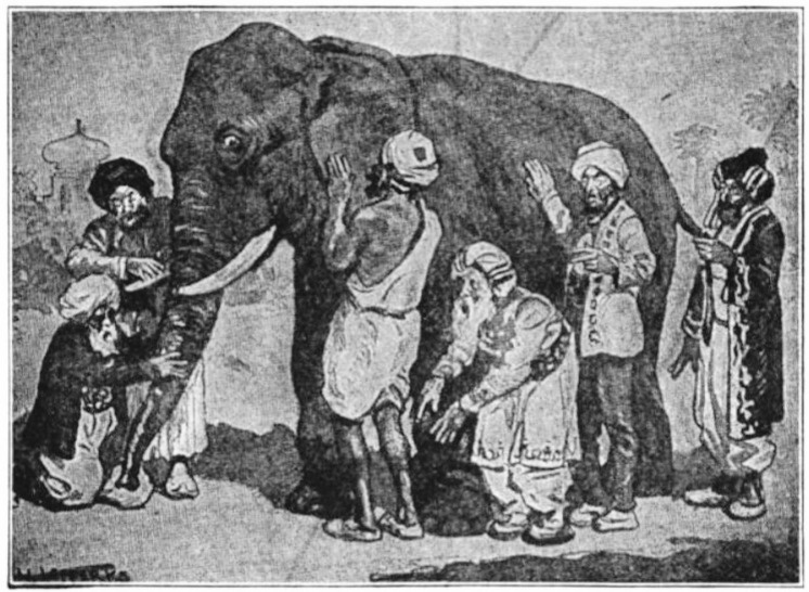Black and white pen and ink etching of "The Blind Men and the Elephant" parable. 6 blind men feel various parts of the elephant.