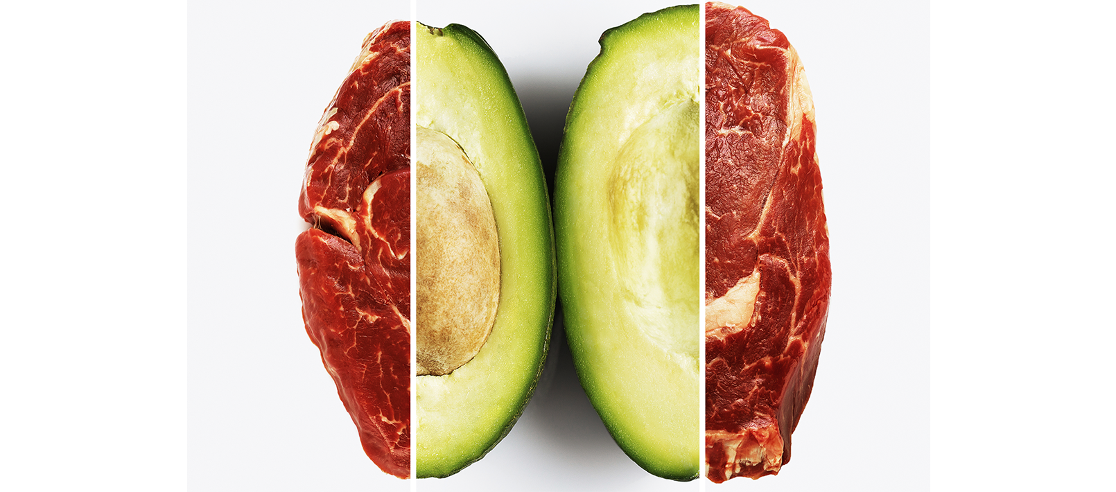 Slice of avocado and piece of beef on white background.