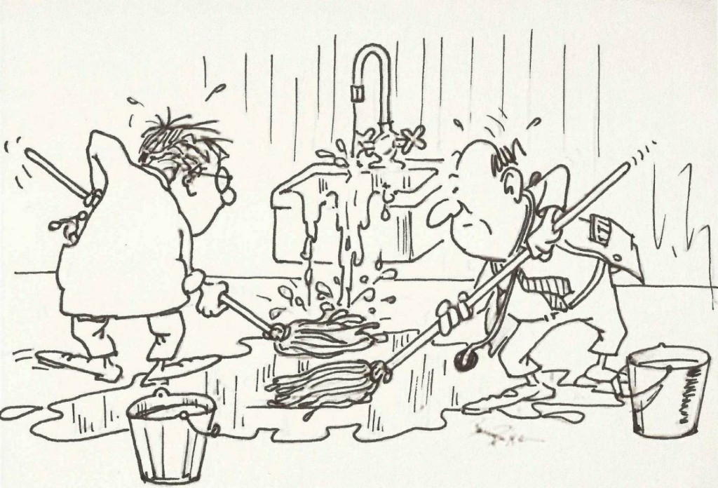 Monochromatic pen-and-ink sketch of 2 men mopping up spilled water while running water still flows over a sink behind them.