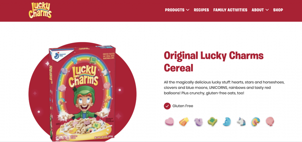 "Original Lucky Charms" cereal box and marketing description of the "gluten free" cereal and hearts, stars moons, and other marshmellow ingredients that make Lucky Charms magically delicious.