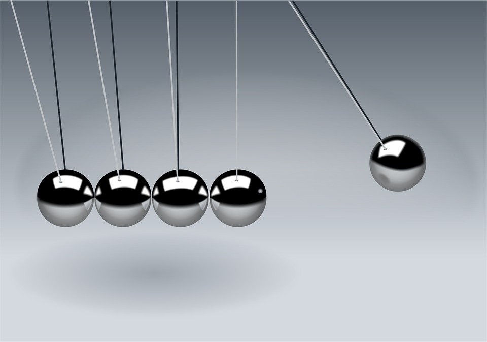 Closeup of a "Newtons Cradle" pendulum with 5 steel balls hanging, the right one separated to the right of the others, and a white background.