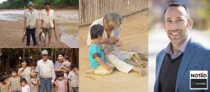 Collage of Tsimane peoples: Top left - 2 fishermen, bottom left a family of 10, Middle, a grandma weaves while granddaughter looks on, right - Michael Gurven headshot