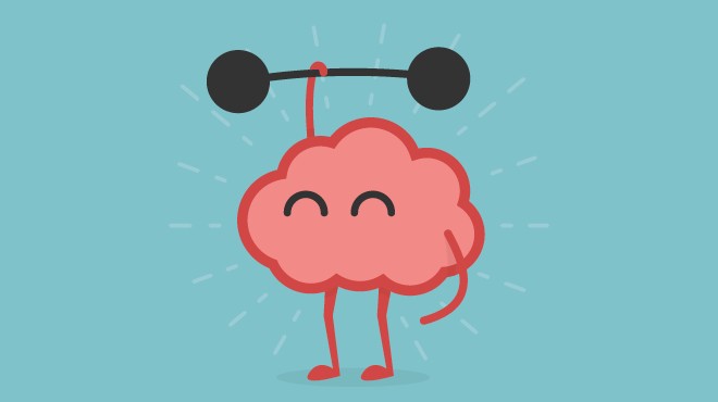Cartoon of a pink brain lifting a black weight against a blue background