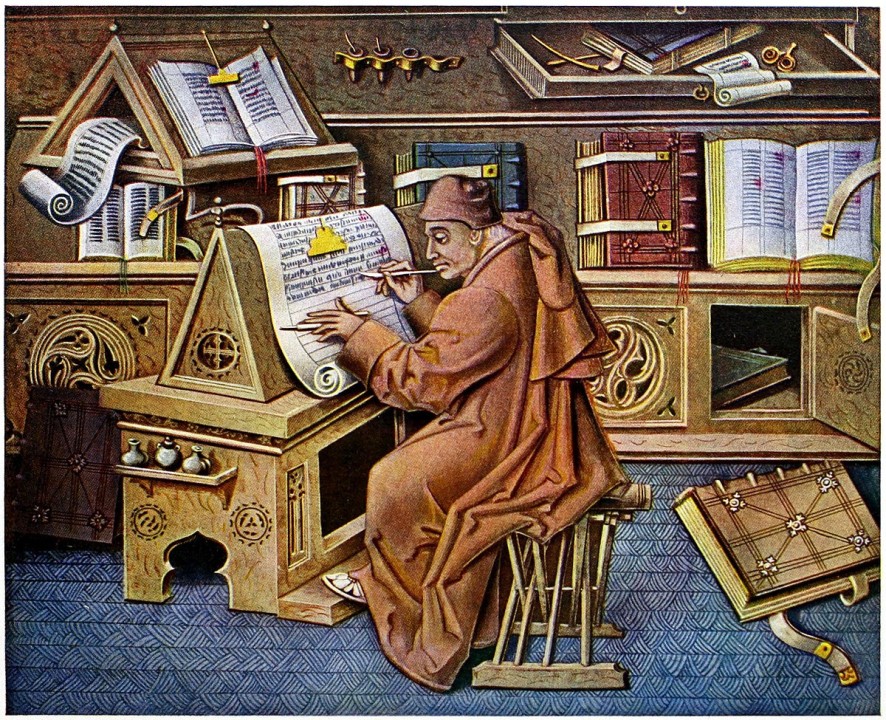 Medieval scientist pens his scrolls on and ancient vertical rise type desk.