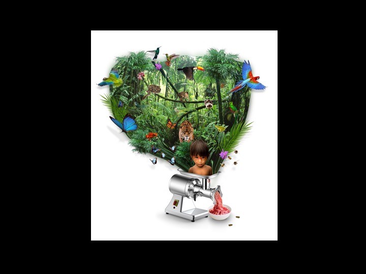 Drawing in the shape of a heart of Amazon trees, animals and a child being fed into a meat grinder with ground hamburger coming out the other end.