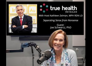 Dr. Joe Schwarcz on the tv screen and Kathleen Zelman in the front, behind tthe microphone
