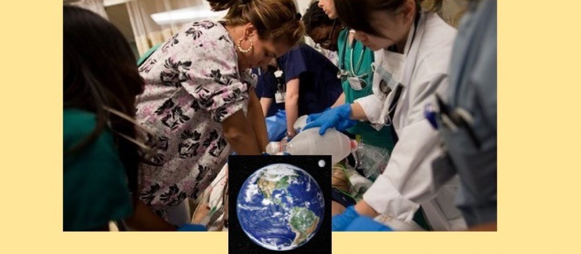 Picture of the planet earth juxtaposed over an image of female medical personnel work on a patient in the ICU