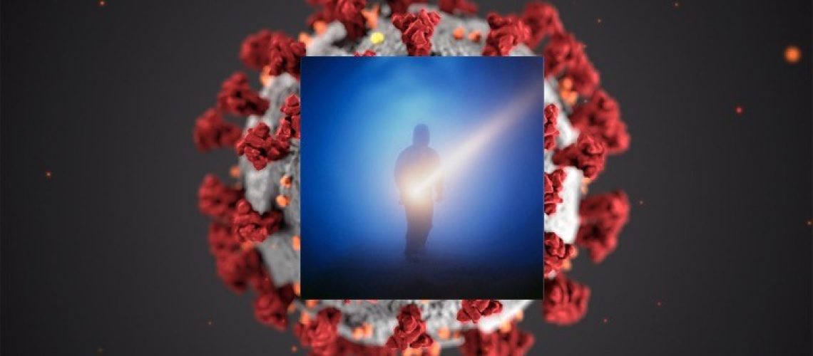 Silhouette of a man being infused with a sunlight-type beam juxtaposed over a Coronavirus molecule.