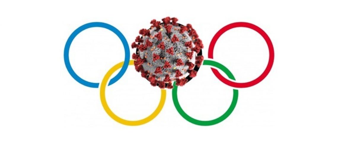 The 5 circles symbol of the olympics, with a Covid molecule substituted in the top center circle.