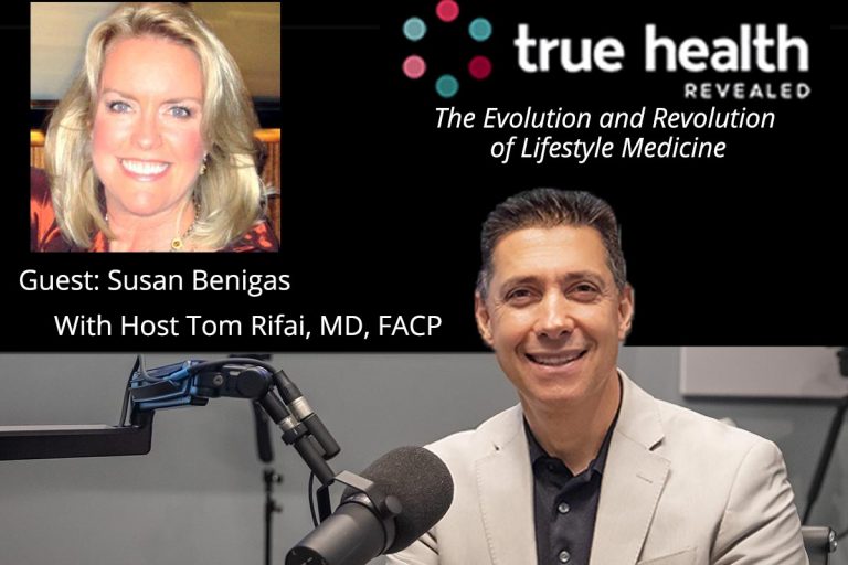 Lifestyle Medicine specialist Susan Benigas on blackboard and Dr. Tom Rifai in front behind studio microphone.
